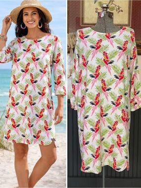 Crown & Ivy Tropical Macaw Parrot Print Modal Knit Dress Side Notch Hem Sz M💚🎀
